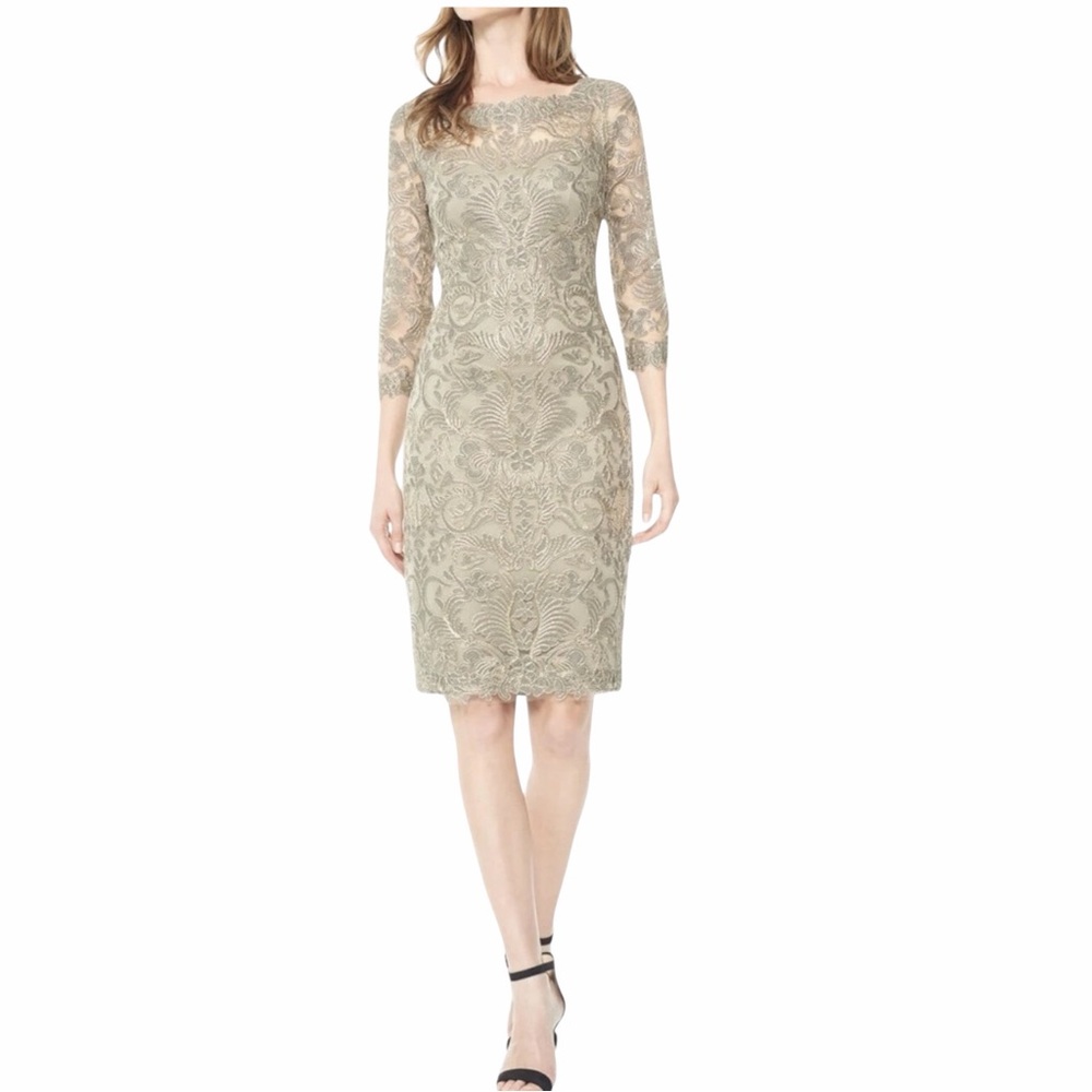 Tadashi Shoji Corded Embroidery on Tulle 3/4 Sleeve Sheath Dress Size 6